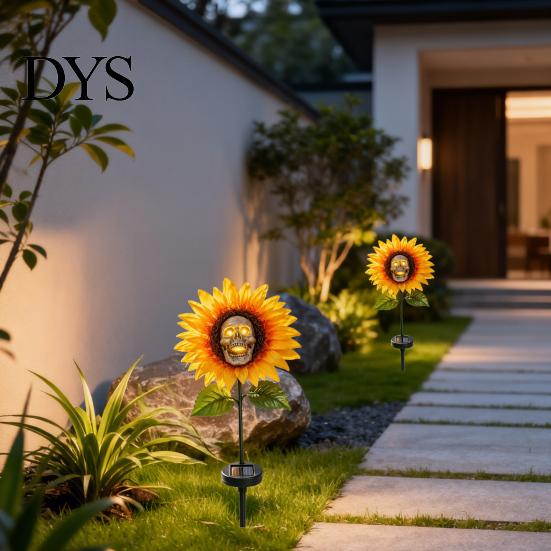 Day of The Dead Outdoor Decoration Solar Garden Stake Light, Gothic Skull And Sunflower Statue Lamp, Halloween Decor Waterproof LED Landscape