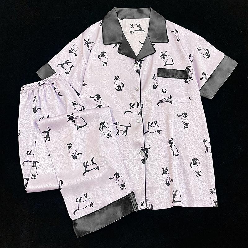 Летняя новая женская милая атласная шелковая пижама с цветочным принтом, короткий рукав + брюки, женская милая домашняя одежда, повседневная одежда