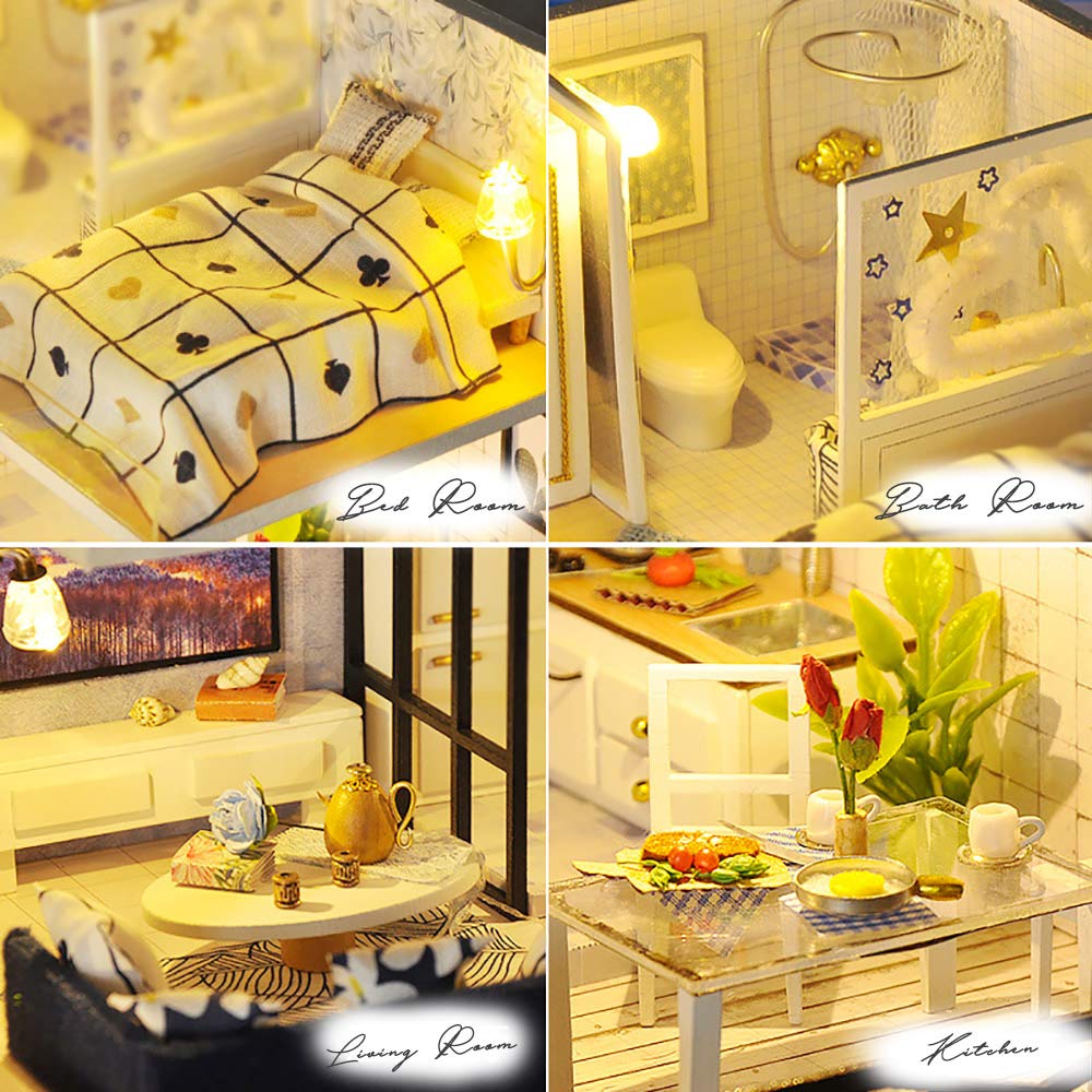 Moin Moin Dollhouse Miniature Handmade Kit Set Modern Model Room Style Interior Stylish Two-storyLED Light + Acrylic Case Includedcastello