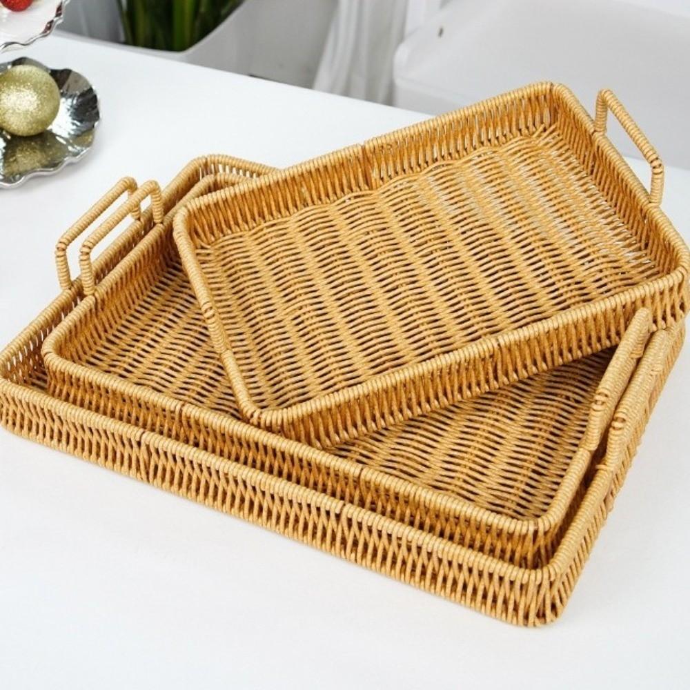 Handwoven Wicker Serving Tray Woven Handheld Plastic Rattan Storage Tray Kitchen Storage