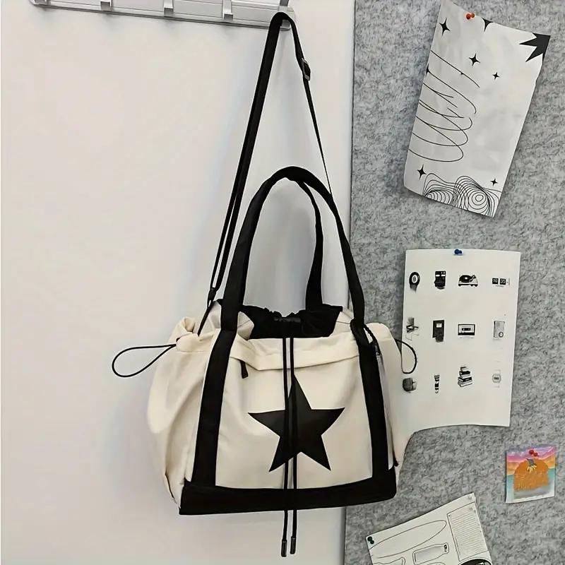 Женская холщовая сумка для студентов, подростков, девочек, дамская повседневная сумка, большая вместимость, декор звездами, на шнурке, для покупок, на плечо MIT