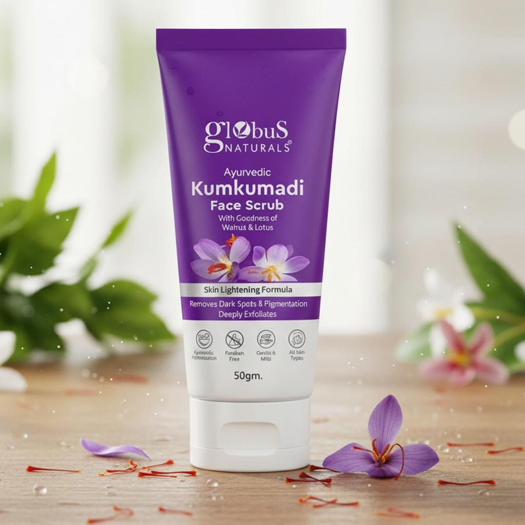 Globus Naturals Аюрведический скраб для лица осветляющий Kumkumadi, обогащенный экстрактом грецкого ореха и лотоса, без химикатов, не тестируется на животных, подходит для всех