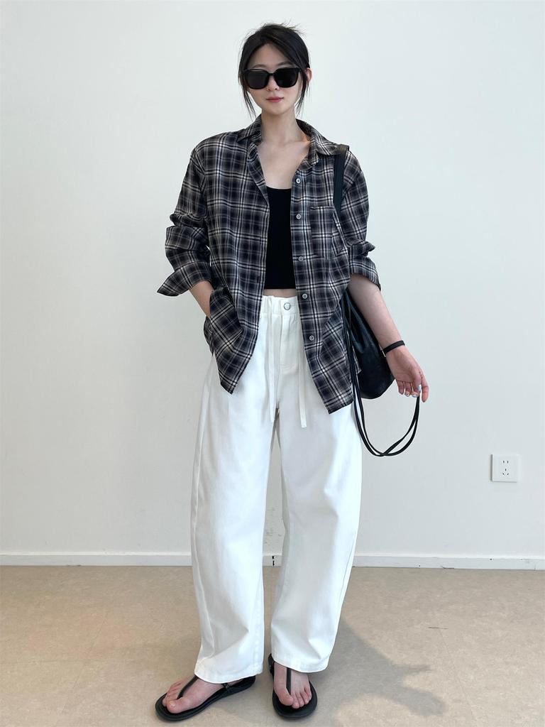 Nan Yu 100% Cotton Plaid Loose Long Sleeve Sun Protection Shirt for Women - Early Autumn 2025 Collection