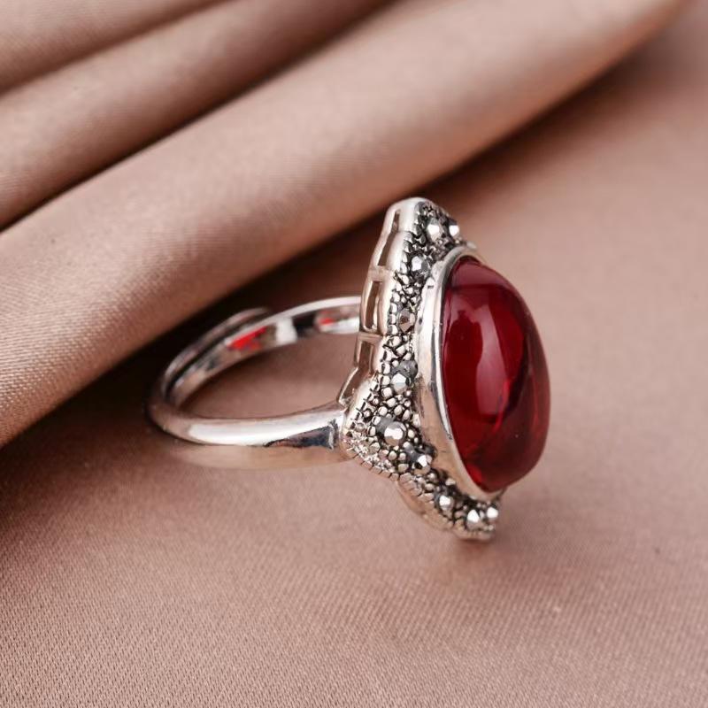Кольцо из благородного камня в стиле ретро с имитацией халцедона и граната, женское, имитация тайского серебра, живое кольцо