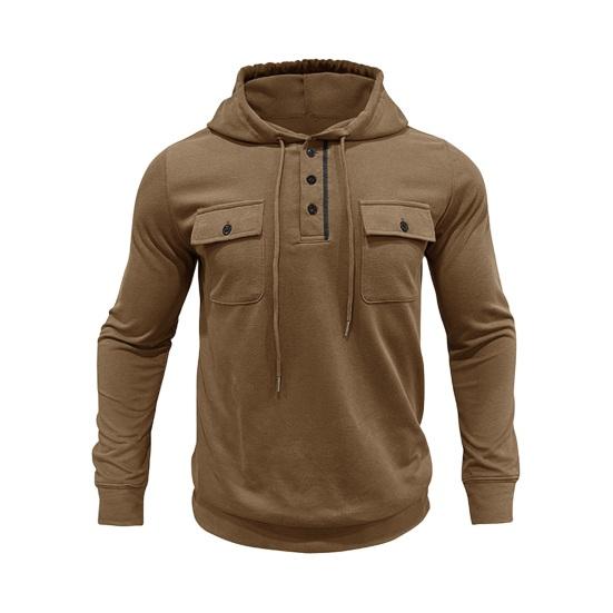Fall Spring Men Top Drawstring Chest Pockets Buttoned Hooded Long Sleeves Pure Color Elastic
