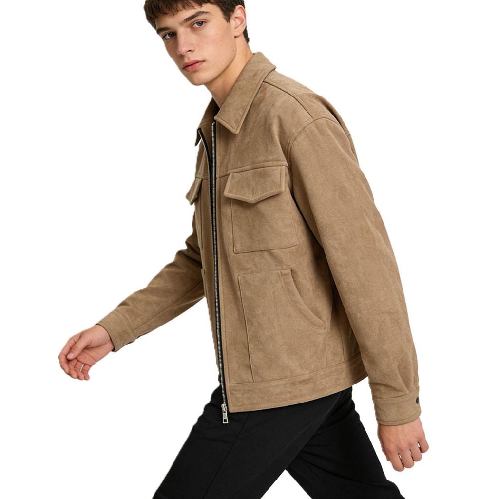 Men's Trendy Suede Velvet Zipper Jacket with Large Pockets - Casual Lapel Design for Spring and Autumn