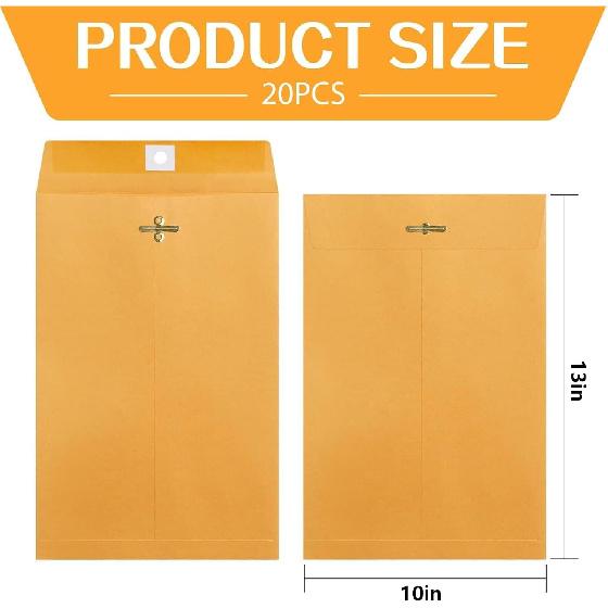 20 Pack 10x13 Inch Manilla Envelopes, Kraft Envelopes with Clasp Closure and Gummed Seal, 28lb Large Brown Mailing Envelopes for Office, School,