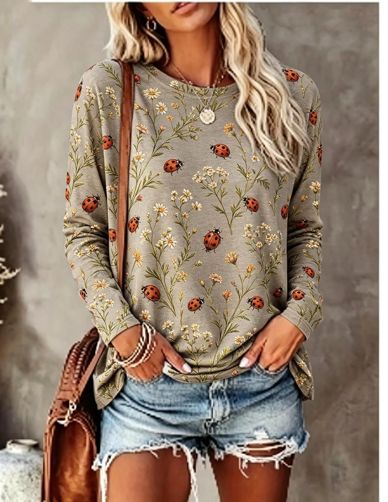 Women Long Sleeve T‑Shirt Vintage Rose Bird Floral Pastoral Boho Print Crew Neck Casual Fall Tops