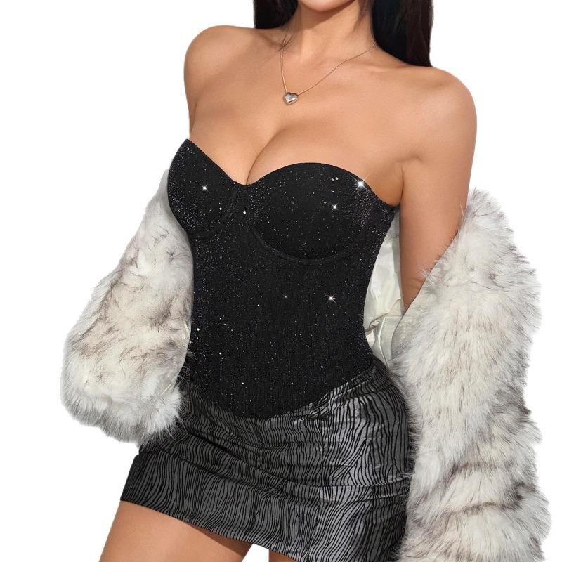 Women's Sequin Tube Top Clubwear – Sparkly Strapless Party Top with Metallic Futuristic Shine, Sexy Night Out Shirt