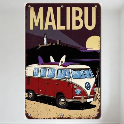 Винтажная металлическая жестяная табличка VW Bus Malibu Beach Ретро 60-х 70-х Серфборд Пляжный пейзаж Маяк Замок Луна Потертый настенный декор