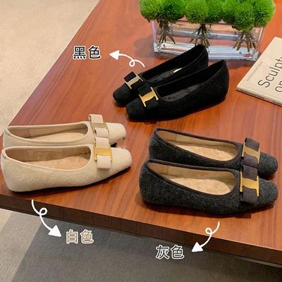 Шерсть ~ виноградный ма осень и зима классический бант металлическая пряжка внутренняя платформа квадратный носок бархатная шерстяная одинарная туфля женщина
