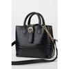 Women's Black Faux Leather Croco Patterned Strap Snap Fastener Zipper Closure Hand And Shoulder Bag