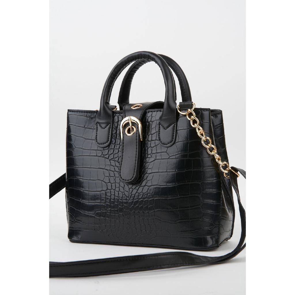 Women's Black Faux Leather Croco Patterned Strap Snap Fastener Zipper Closure Hand And Shoulder Bag