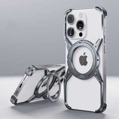Металлический алюминиевый сплав для чехла-подставки Magsafe для iPhone 16 15 14 13 Pro Max, магнитный полый безободковый противоударный бампер, чехол Funda