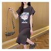 Женское модное свободное корейское платье-футболка, летнее платье Fat Mm с коротким рукавом выше колена, длинное платье с разрезом в виде мультфильма