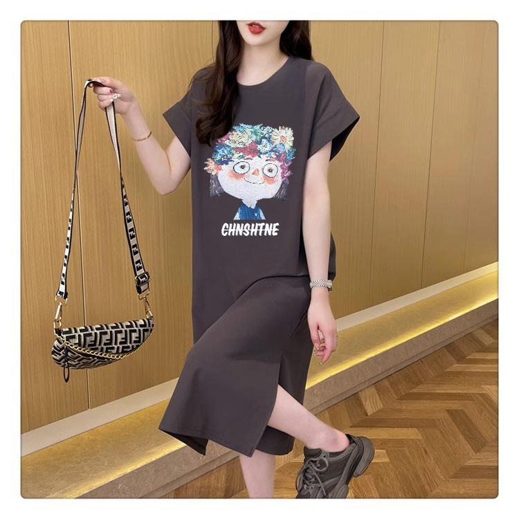 Женское модное свободное корейское платье-футболка, летнее платье Fat Mm с коротким рукавом выше колена, длинное платье с разрезом в виде мультфильма