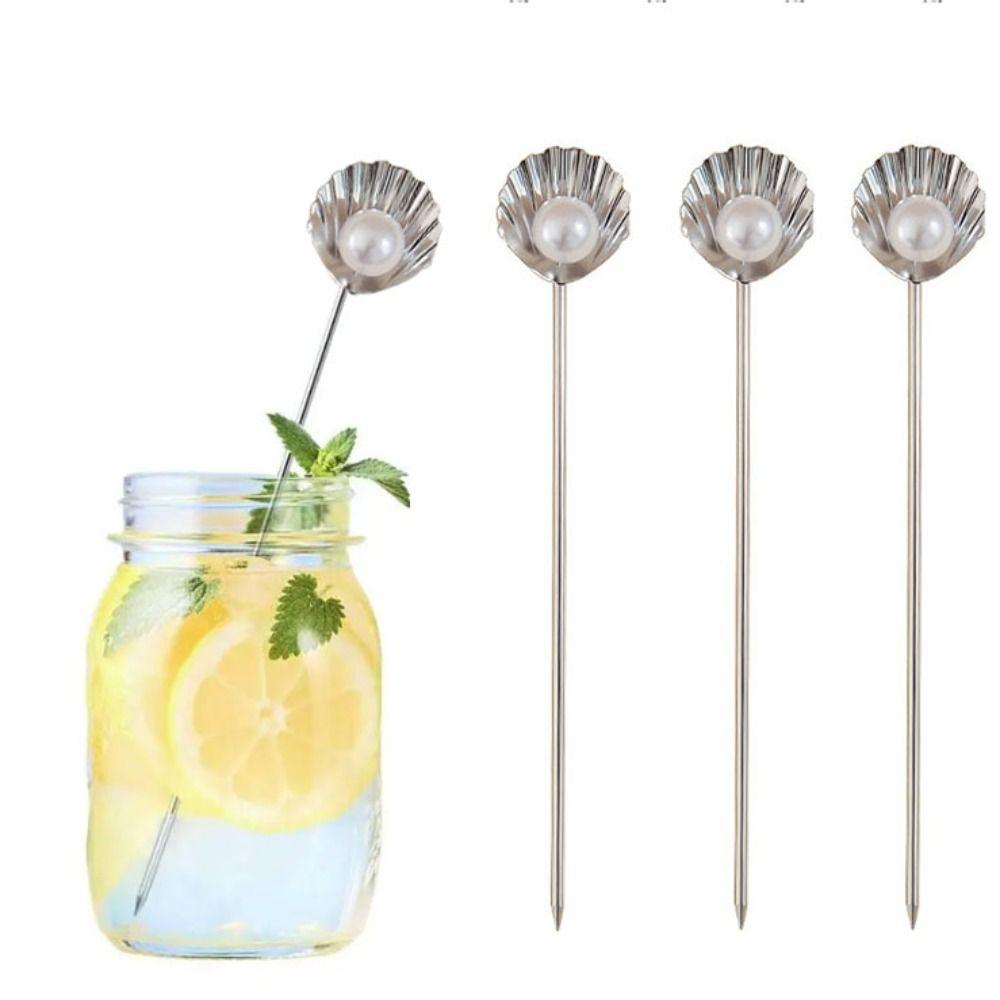 4Pcs 304 Stainless Steel Fruit Stick Shell Pearl Design Wine Needle Cocktail Pick Bar