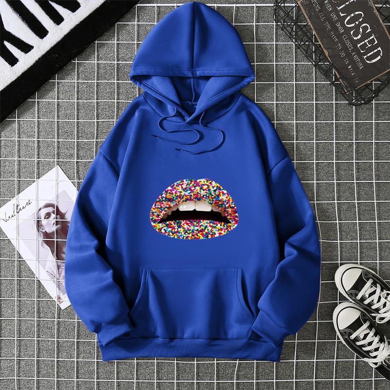 Fashion Lips Print Women Hooded Sweatshirt Casual Long Sleeve O Neck Loose Women Ladies Hooded Tops Clothes
