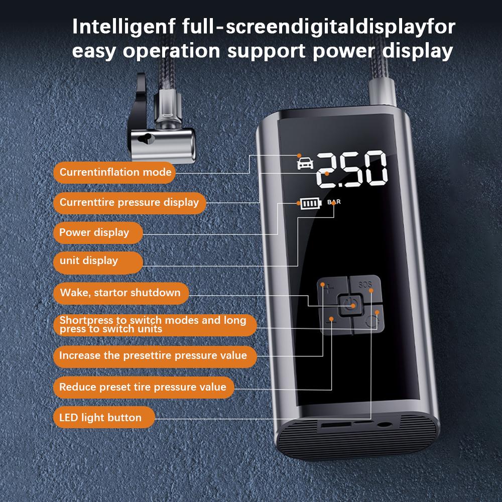 Портативный компрессор-насос Беспроводной насос для накачивания шин Светодиодная лампа Крепится Мотоцикл Велосипед Мяч Автомобиль Электрический воздушный насос ЖК-дисплей