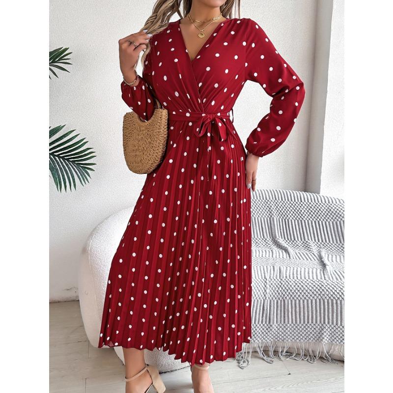 VEZFAA Women's Fashion Spring Fall Polka Dot Print Long Sleeve V-Neck High Waist Casual Dresses