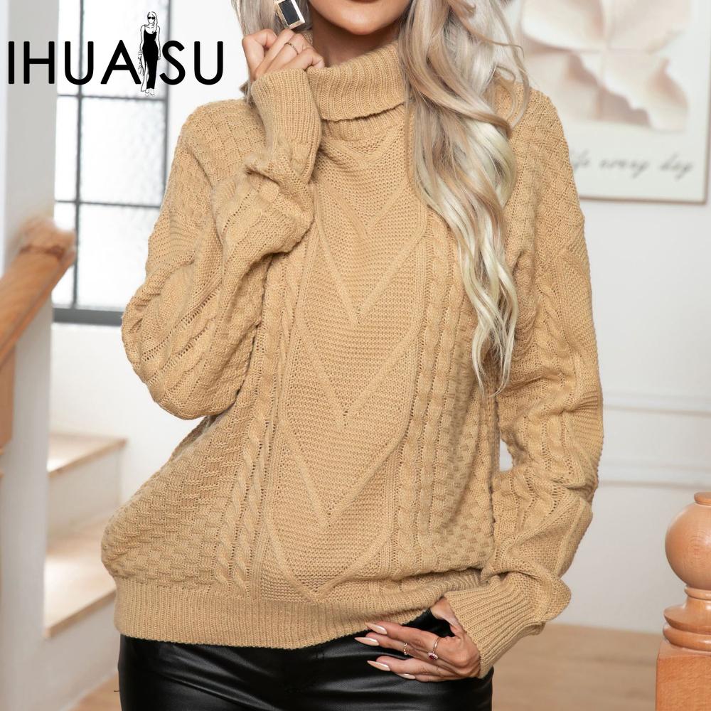 IHUASU Women's Twisted High Neck Sweater Twisted Flower Loose Long Sleeve Knit Autumn and Winter Sweater