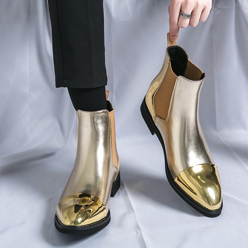 Роскошные кожаные ботинки челси мужские золотые туфли дизайнерские остроносые мужские свадебные формальные туфли элегантные мокасины туфли для мужчин