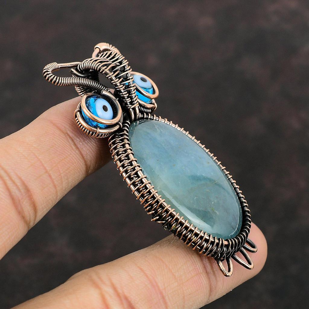 Aquamarine Pendant Copper Wire Wrapped Gemstone Pendant Blue Color Evil Eye Pendant Owl Pendant Handmade Copper Wire Jewelry Gift For Mother