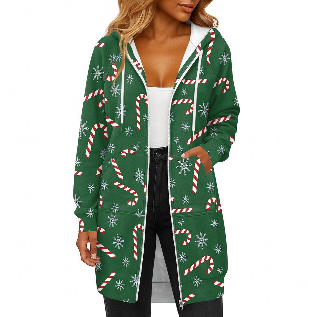 Women's Fashionable Christmas Printed Long Sleeved Drawstring Hooded Zipper Pocket Long Casual Sweatshirt Jacket
