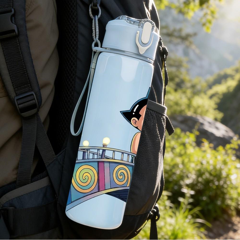 1PC Retro Boy Character City Bridge Art 750ml Color Plastic Sports Water Bottle Leakproof Flip Straw Lid Suitable for Sports Office Home Use