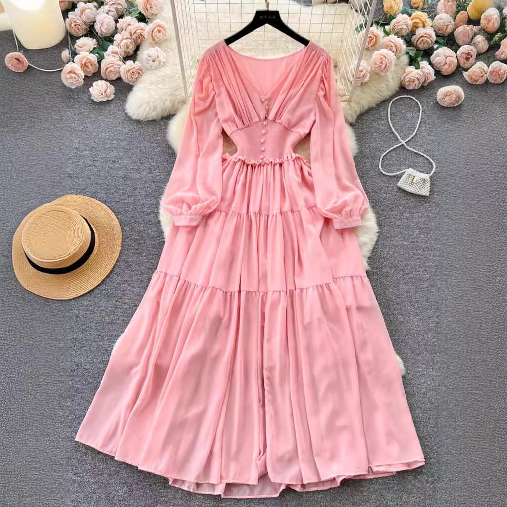 Винтажное шифоновое длинное платье Женское элегантное повседневное платье с V-образным вырезом и длинными рукавами Французское плиссированное тонкое длинное платье А-силуэта Vestidos