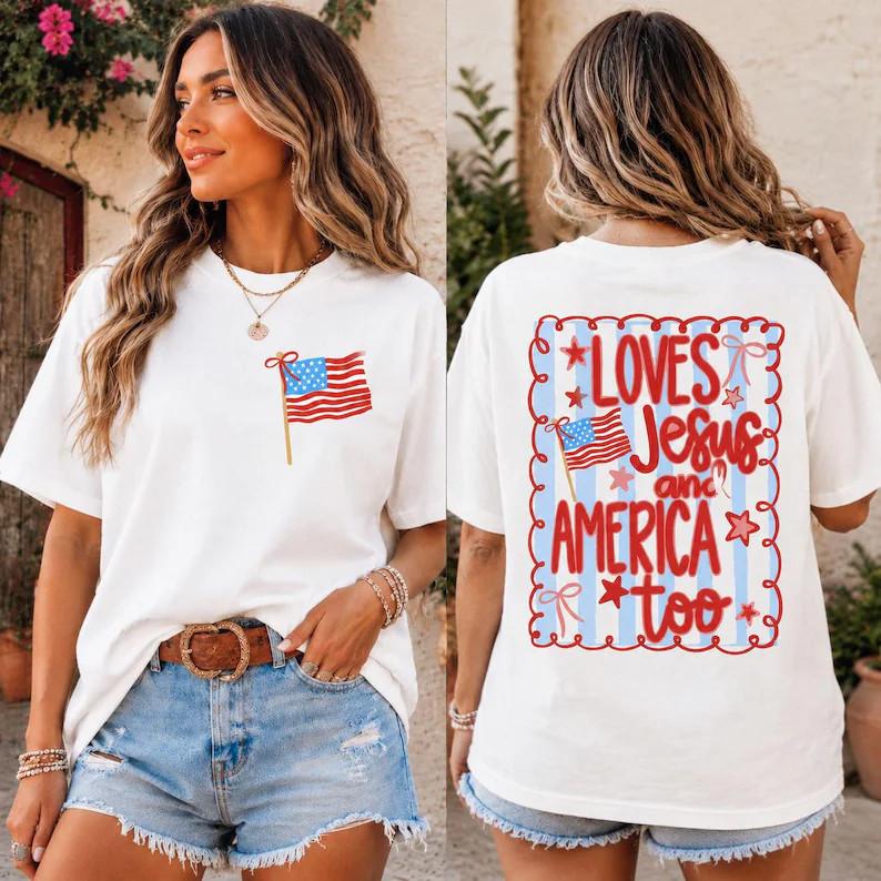 Loves Jesus And America Too Shirt Coquette Bow Patriotic Tee