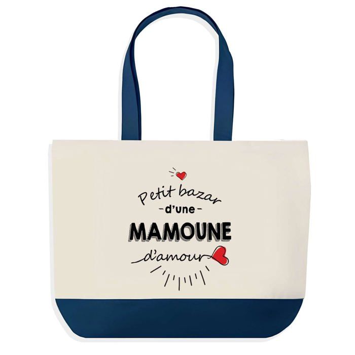 Tote bag - PLANETEE - Sac shopping fond bleu Bazar d'une Mamoune d'amour - Coton - 40x45 cm - Sans fermeture