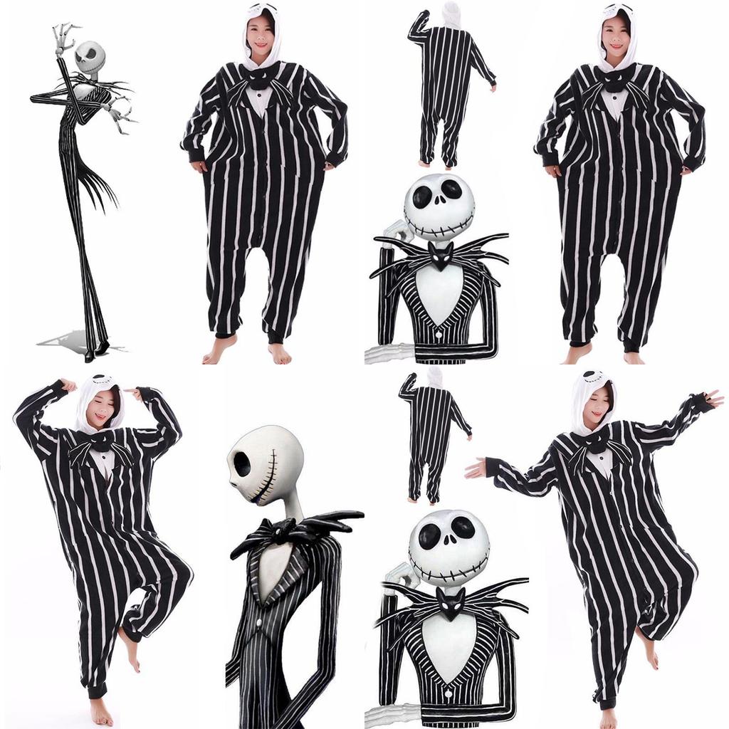 Cozy Nightmare Before Christmas Jack Pattern Sleepwear Jumpsuit With Hood And Tuxedo Design