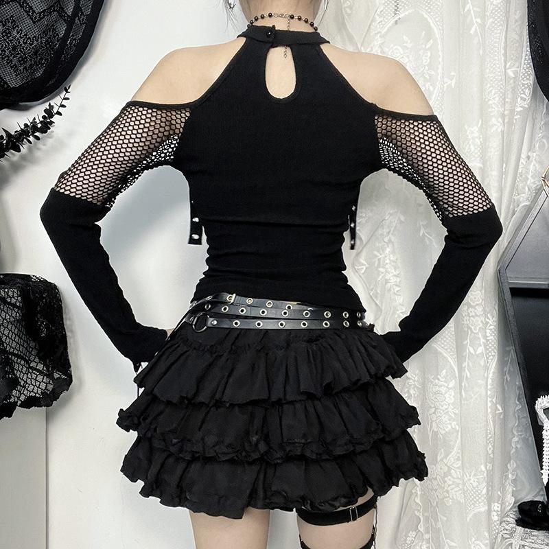 AltGoth Mall Gothic Sexy T-shirt Women Streetwear Harajuku Y2k E-girl Mesh Patchwork Hollow Out Long Sleeve Halter Crop Tee Tops