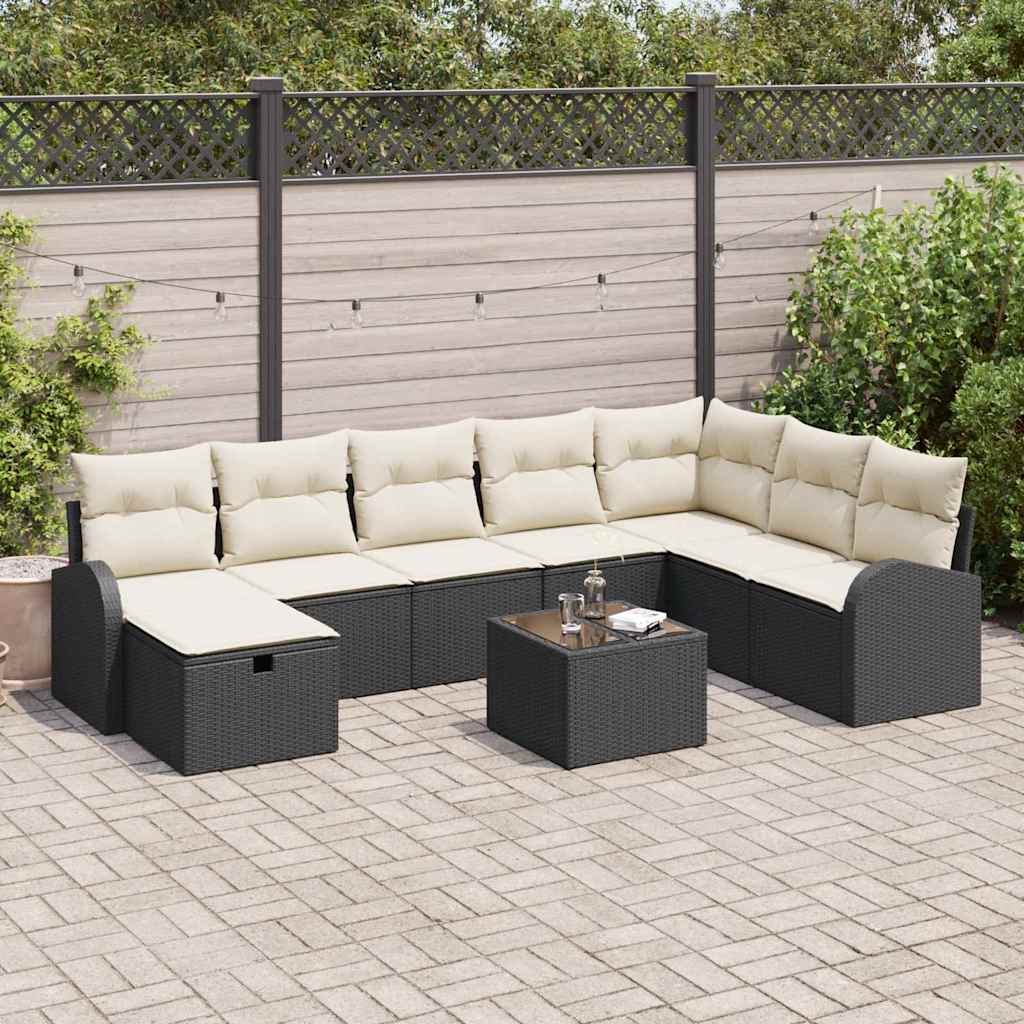 9 Piece Sofa Set with Cushions in Black and Cream Poly Rattan