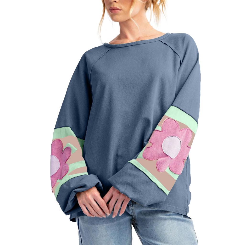 Женская повседневная толстовка с круглым вырезом, свободная, с цветными блоками, с длинными рукавами и спущенными плечами, модная толстовка