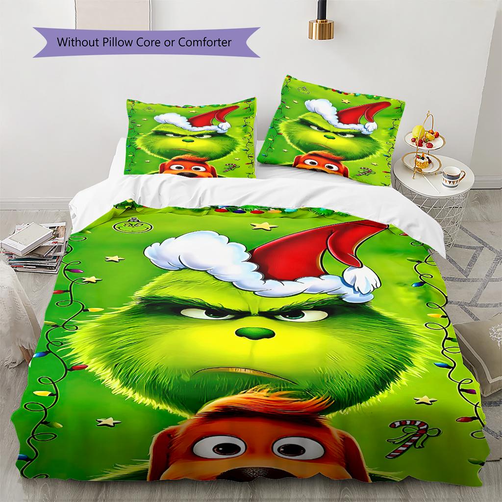 1PC Grinch pattern Bedding Quilt Set Quilt Cover Pillowcase Home Decoration Birthday Gift (1 * duvet cover + 2 * pillowcase, without core)