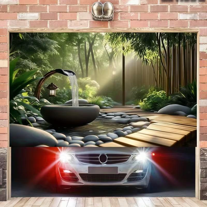 2D Serene Zen Garden Backdrop Bamboo Waterfall Stone Spa Photo Banner