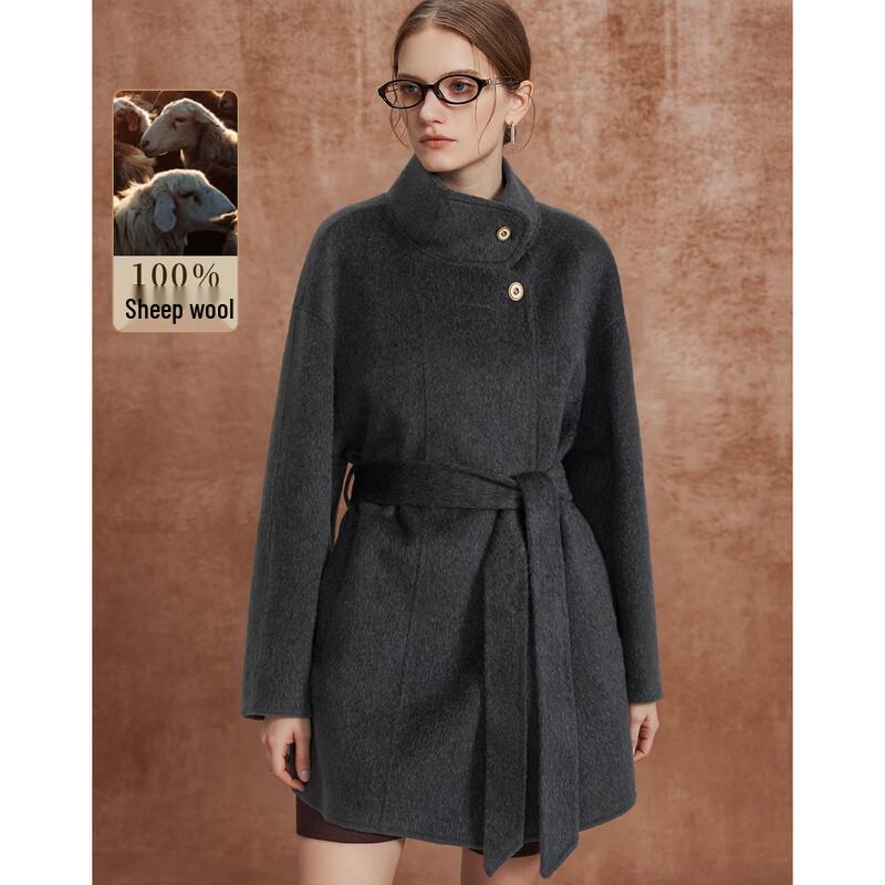 Wudao 100% Merino Wool Minimalist Stand Collar Belted Coat