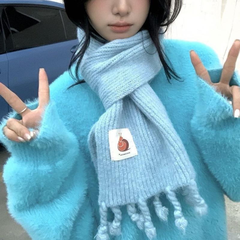 Шарф для женщин Шерстяной Мягкий Вязаный Толстый Шерстяной Студенческий Зимний Теплый Шарф с Улиткой Синий Плетеный Кисточки Шарф для мужчин