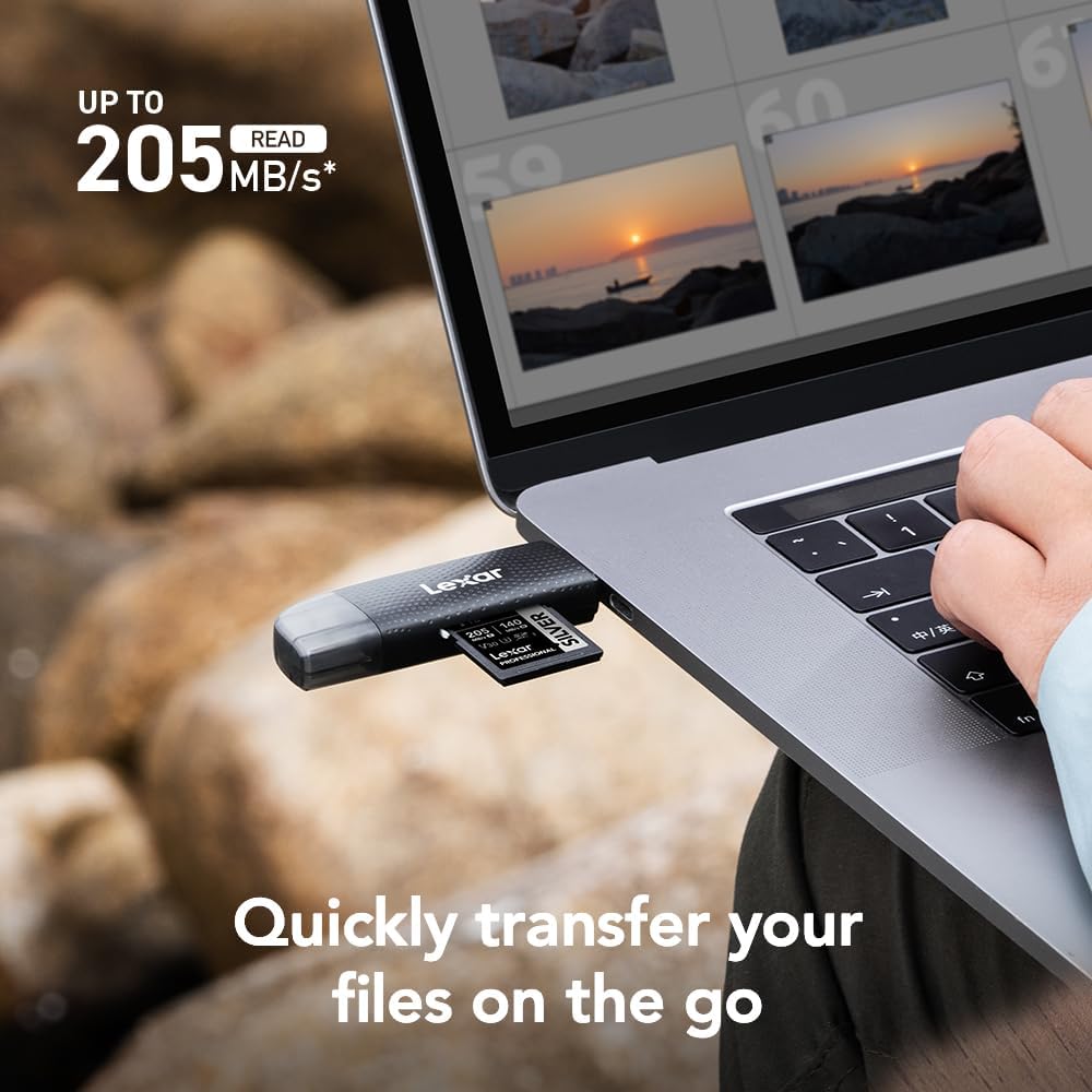 Lexar Card Reader Dual-Slot USB-A USB-C Type-C Reader Up to 205Mb/s 2-in-1 Card Reader SD Card Reader and Micro SD Card Reader for Computer and Phone