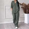 2 Pcs/Set Women Plus Size Shirt Trousers Set Solid Color Long Sleeves V Neck Blouse Waist Loose Wide Leg Pants
