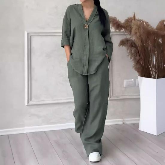 2 Pcs/Set Women Plus Size Shirt Trousers Set Solid Color Long Sleeves V Neck Blouse High Waist Loose Wide Leg Pants Set Casual Commute Outfit