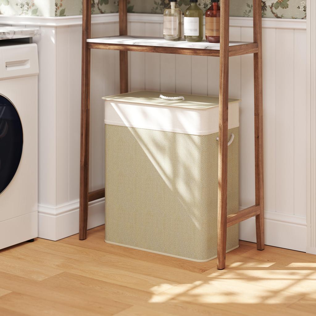 2 Section Laundry Basket with Lid, 100L Bamboo Laundry Hamper with Handles, Removable and Washable Liner, Cream White