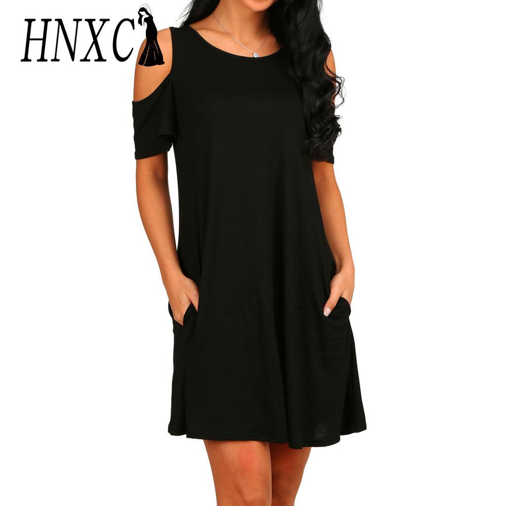 HNXC Женская мода лето весна однотонный принт с коротким рукавом и круглым вырезом повседневные платья