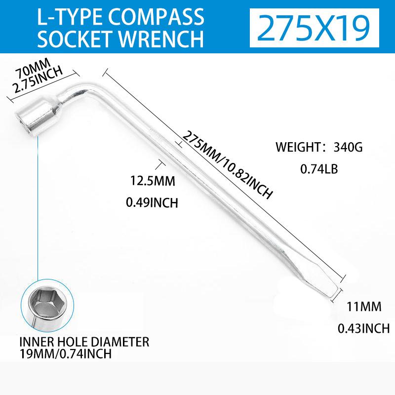 Car Spare Tire Lug Wrench - L type Hexagonal Head 17/19/21mm Slotted End Socket Repair Tool, Standard Tire Wrench