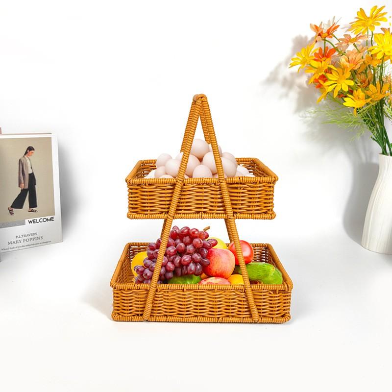 Two-Tier Woven Handheld Tray Snacks Fruits Pastries Home Organization PP Material Lightweight Luxury Design
