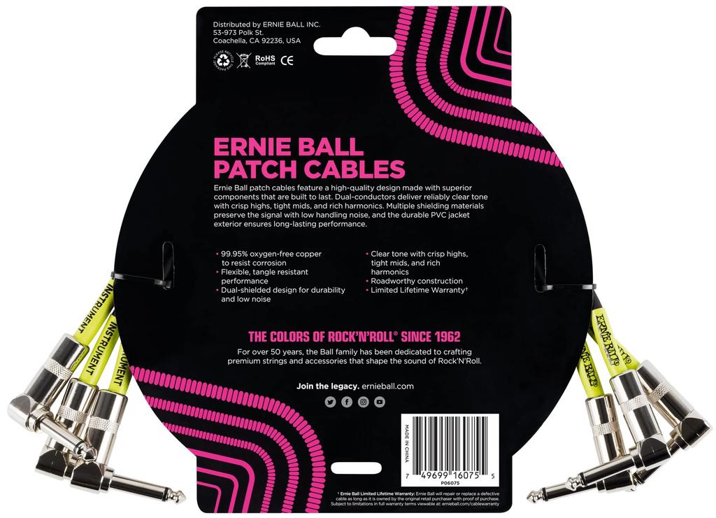 Ernie Ball 6075 Patch Cable 3 Pack 1 Feet PATCH CABLE 3Pack 30cm Black [Genuine Product] ANGLE/ANGLE