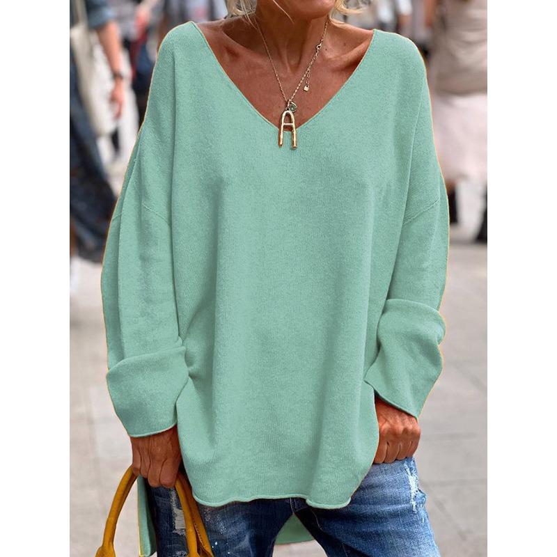 Women's Pullover Solid Color V-Neck Long Sleeve Loose Casual Comfortable Long Sleeve Knit Sweater