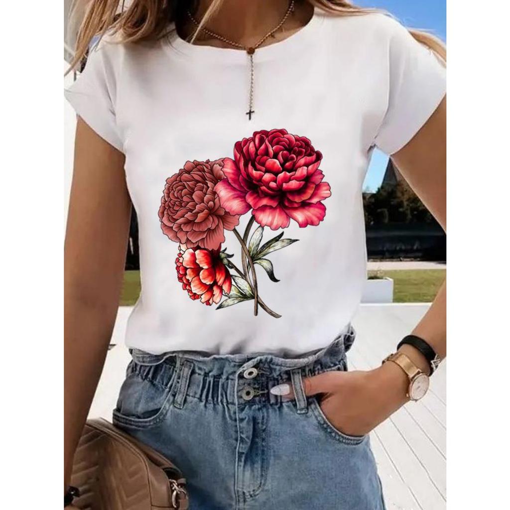 Floral Sweet and Cute Fashion Printing Women's O-neck Clothes T-shirt Short-sleeved Casual Daily Top